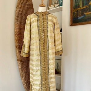 Vintage gold brocade kaftan size medium, gold wedding kaftan dress custom made, metallic gold house coat