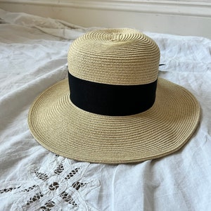 Vintage Scala Straw Hat with black grosgrain ribbon, straw beach hat, wide brimmed sun hat