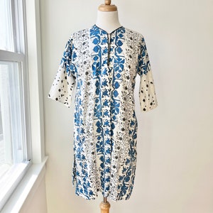 vintage block print kaftan size small, ethnic print dress summer dress, blue abstract beach cover up