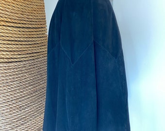 Vintage 70s Black Suede Leather Midi Skirt, A-Line Panelled Skirt
