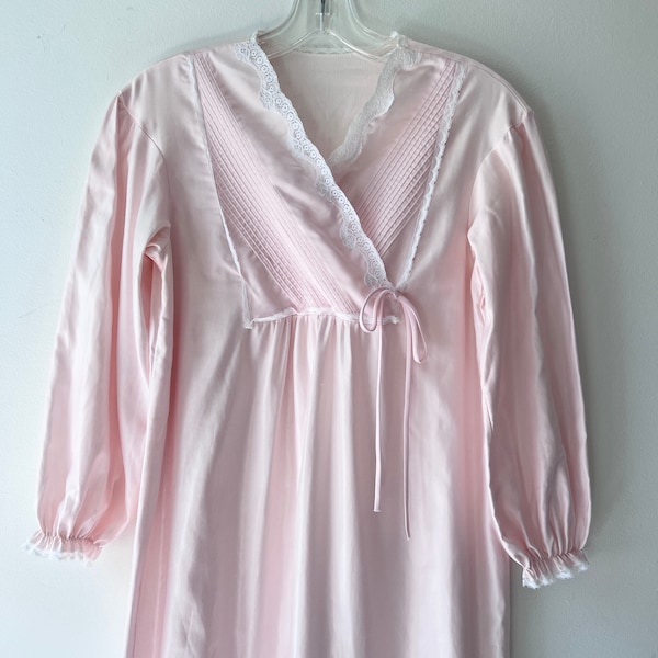 vintage pink long sleeve nightgown size xs,  80s does victorian high neck modest maxi nightgown