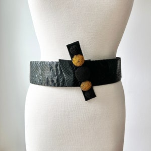 vintage 80s black snakeskin belt with beaded detail, avant garde belt size small, art nouveau belt made in France