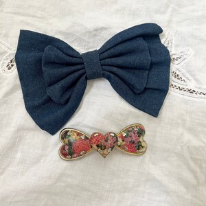 vintage hair barrettes set of two, coquette hair accessories, 80s denim statement hair accessories floral hair barrette