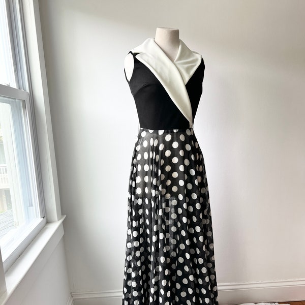 vintage 70s polka dot maxi dress size sm-med, black and white sheer dress summer dress
