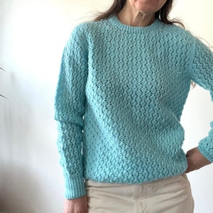 vintage blue crochet knit sweater size small, hand knit wool sweater, handmade pullover sweater, coastal grandmother