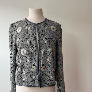 Vintage 80s sequin Adrianna Papell embellished jacket size med, bugle bead bows beaded jacket