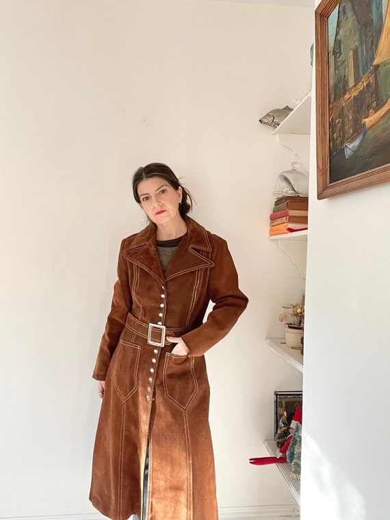 vintage 1970s suede maxi coat belted size s, brown