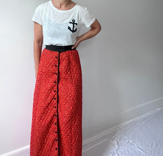 vintage 70s red floral quilted maxi skirt, boho h… - image 3