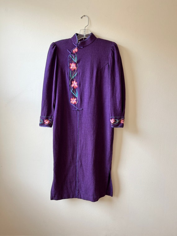 vintage purple cheongsam floral embroidered dress… - image 3