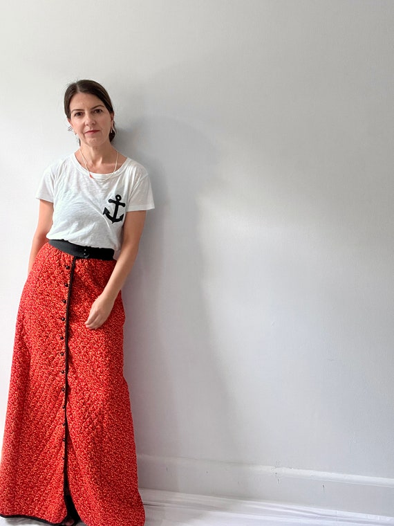 vintage 70s red floral quilted maxi skirt, boho h… - image 4
