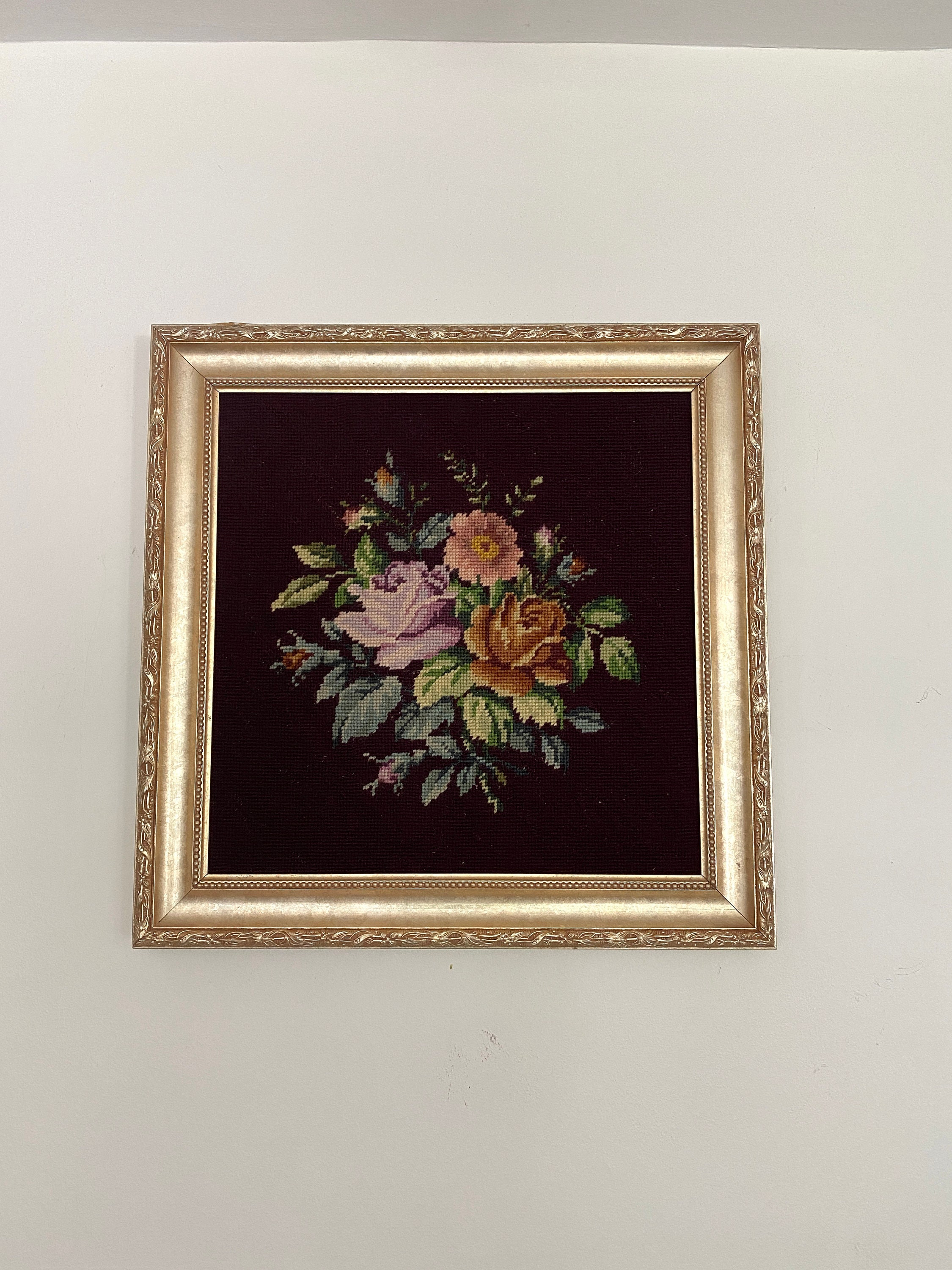 Vintage Grandmillennial Floral Needlepoint Artwork With Gold