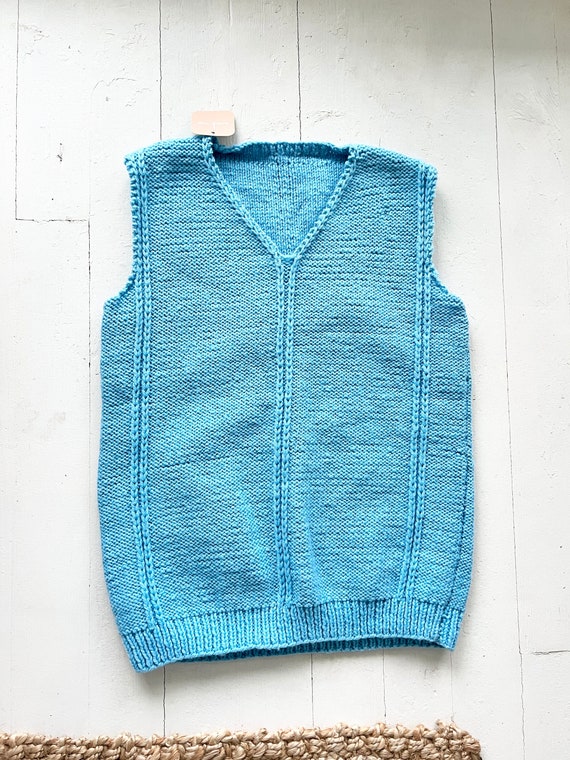 vintage 60s blue wool knit vest handmade sm-med, … - image 1