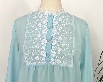 Vintage 50s Blue lace long sleeve nightgown size med-large, modest night shirt, lace lounge house dress