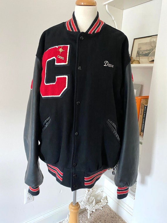 Vintage black leather varsity baseball jacket size