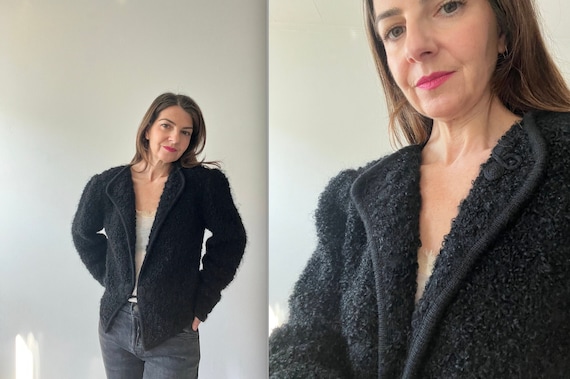 Vintage Black Mohair Wool Cardigan Size Small, Fuzzy Boucle