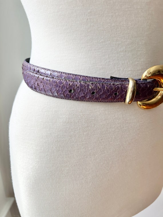 Vintage purple snakeskin belt with gold hardware,… - image 3
