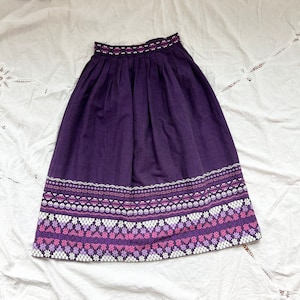 vintage 70s purple embroidered aztec skirt, hand woven South American made skirt, small Purple woven skirt