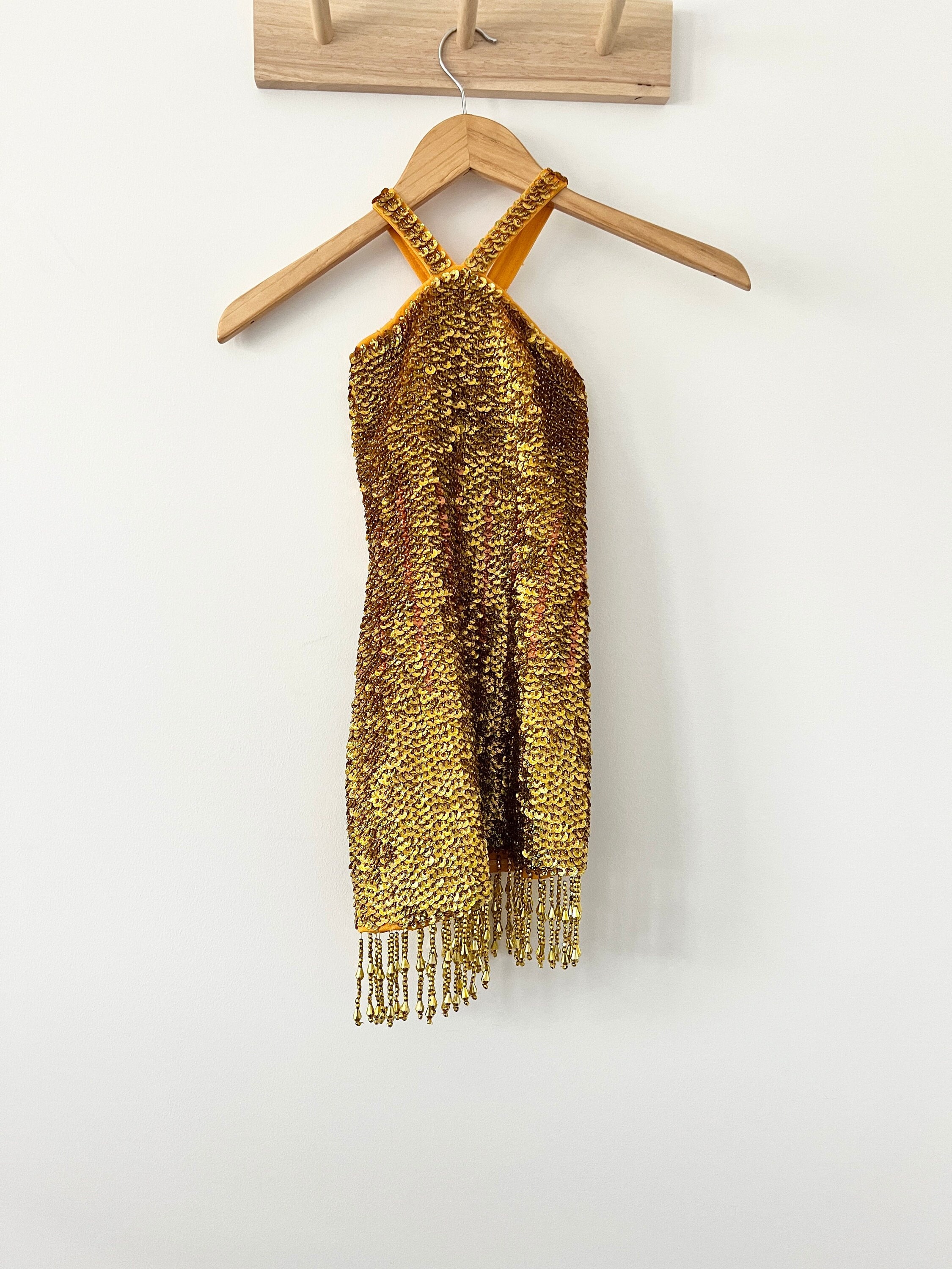 Vintage juniors teen gold sequin costume dress, gold dancer mini dress