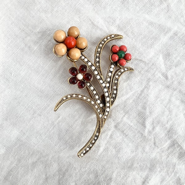 Vintage Lee Angel floral bouquet Statement Brooch, Structural Leaves with Pearls and Rhinestones, 90s flower pin