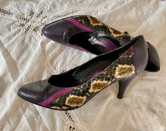 Vintage 80s Snakeskin heels size 7 Carlos Falchi, multi colored maximalist high heel shoes