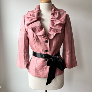 Vintage pink evening jacket size med, ruffle and bow formal blazer with ribbon belt, barbie pink blazer