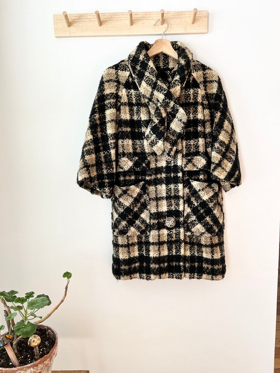 60s plaid wool coat size small attached scarf, vi… - image 1