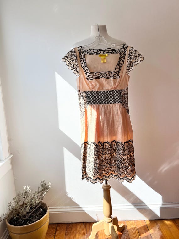 Catherine Malandrino Cotton Midi Dress Black Lace Trim Size 0 Small, Cut Out Spring Summer Dress