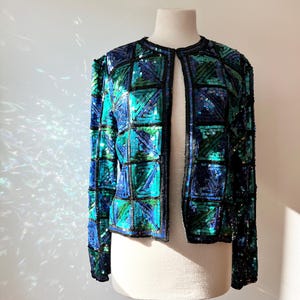 Vintage sequin 80s jacket Niteline by Della Roufogali silk blazer size med, blue glam rock sequin party jacket