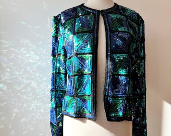 Vintage sequin 80s jacket Niteline by Della Roufogali silk blazer size med, blue glam rock sequin jacket, colorful embellished silk blazer