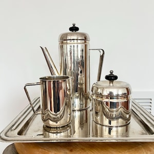 vintage mcm coffee tea set EP silver over brass, art deco coffee set, 1950s Mid-Century Modern Silver Tea & Coffee Service with Pitcher Tray