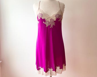 Vintage Y2K Natori purple lace slip dress nightie size med, satin Chemise Lingerie, 90s Nightie, Sheer Lace Trim nightie, Minimalist slip