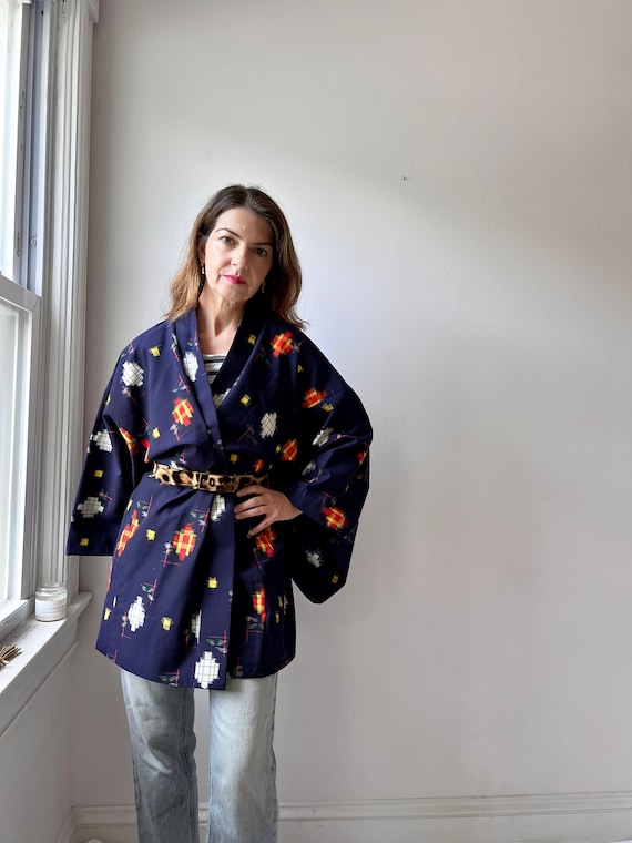 Vintage ikat print kimono, abstract navy print woo