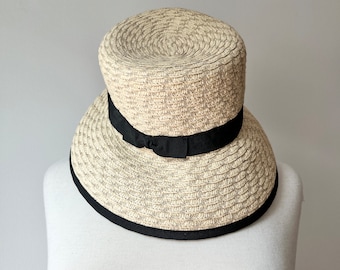 Vintage Betmar Straw Hat with black grosgrain ribbon, straw beach hat, wide brimmed sun hat