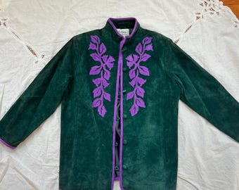 vintage green suede jacket with mandarin collar size small, boho hippie long suede coat