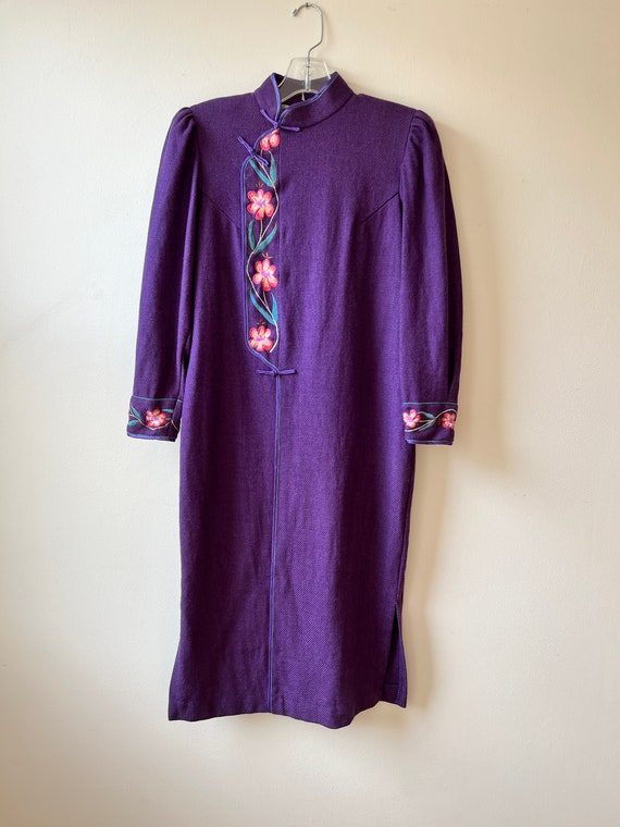 vintage purple cheongsam floral embroidered dress… - image 2