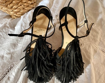 Vintage Christian Louboutin black suede platform fringe high heels, designer vintage high heels size 35