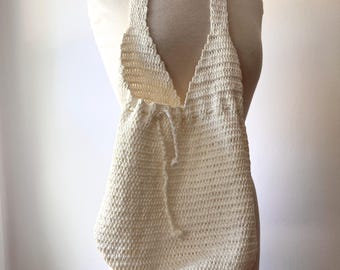 Bolso cubo de ganchillo blanco vintage, bolso tote de ganchillo estilo boho hippie, bolso de playa de paja, bolso tote de abuela costera