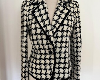 vintage houndstooth black and white blazer size med, wool check blazer, peck and peck plaid jacket