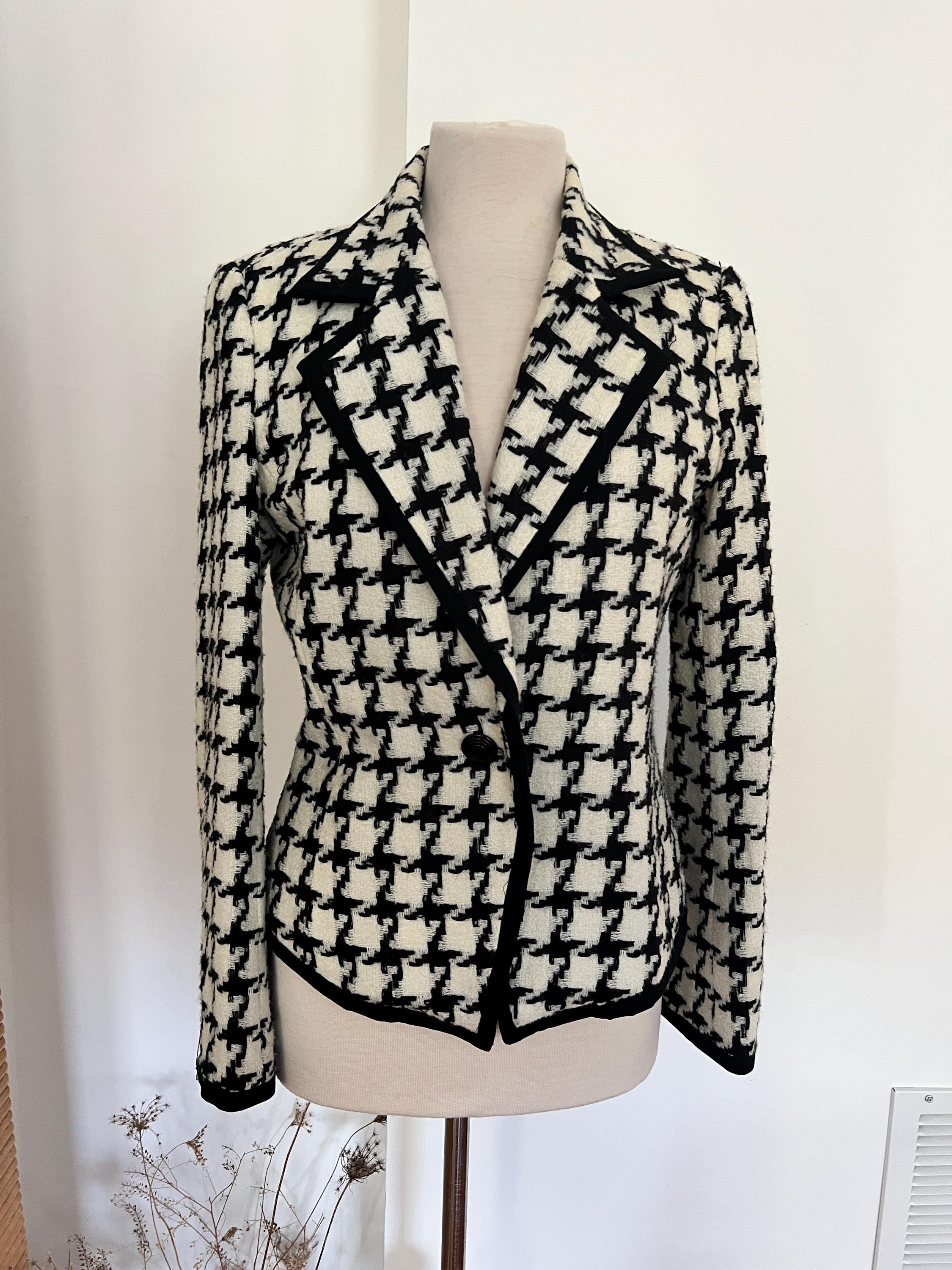 vintage houndstooth black and white blazer size med, wool check blazer, peck and peck plaid jacket