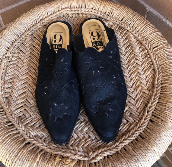 Vintage 90s Black Suede mules / western slip on sh
