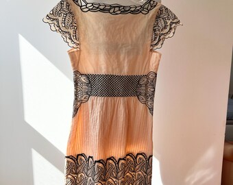 Catherine Malandrino Cotton Midi Dress Black Lace Trim Size 0 Small, Cut Out Spring Summer Dress