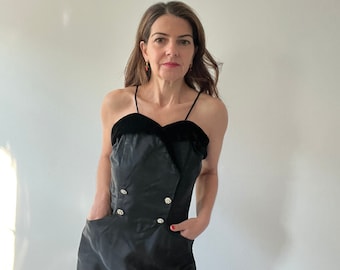 Vestido de cóctel vintage negro de los años 80 con botones de diamantes de imitación, vestido lbd con ribete de terciopelo, vestido formal para invitada de boda, talla pequeña