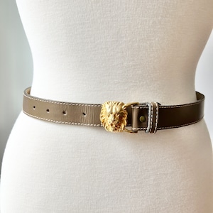 Vintage 80s olive green leather lion head belt size small, tan skinny leather belt, gold hardware belt