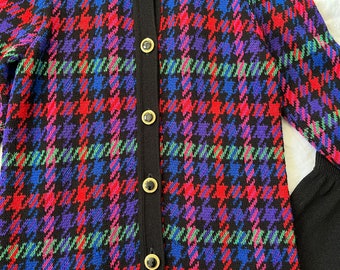 Vintage 1980s Plaid Cardigan Sweater, Colorful Tartan Knit Jacket, Preppy Grandpa Chic Cardigan, Gold Button Sweater Size Medium