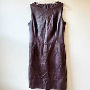 vintage 90s purple leather shift dress size med, sleeveless leather sheath dress