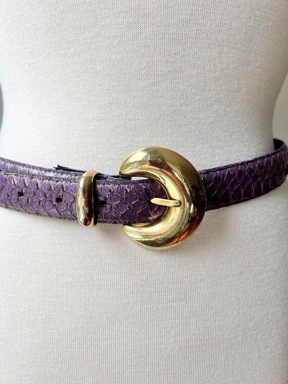Vintage purple snakeskin belt with gold hardware,… - image 2