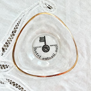 Vintage Glass souvenir Ashtray HOTEL ESTORIL Cascais Portugal Triangular Mid Century, glass and gold trim trinket tray