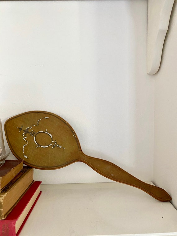 Vintage 1960s wood hand painted hand mirror / arts