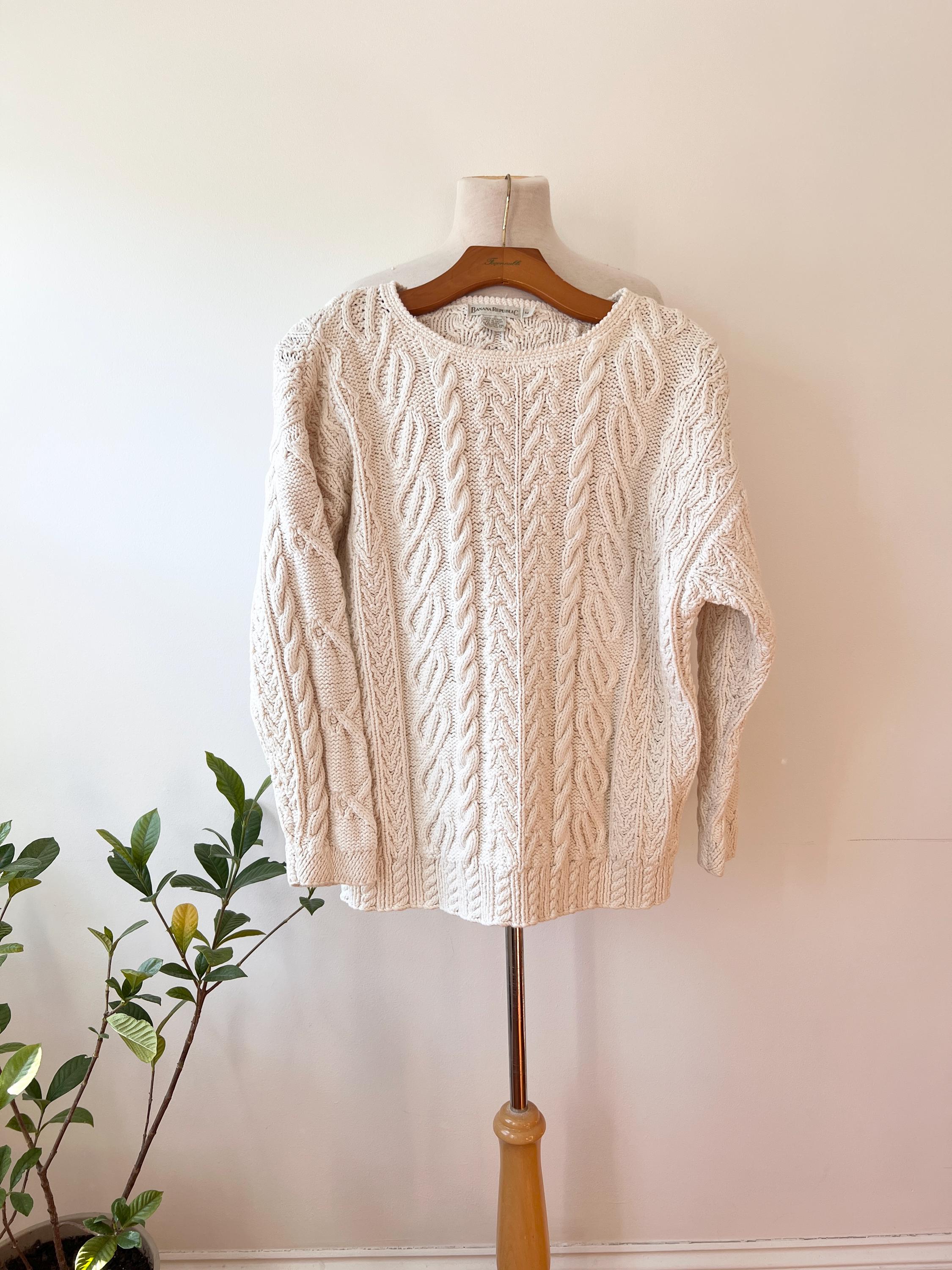 Vintage 90s Banana Republic Cable Knit Sweater, Off White Cotton Fisherman Style