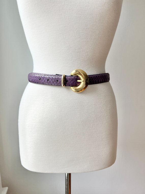 Vintage purple snakeskin belt with gold hardware,… - image 6